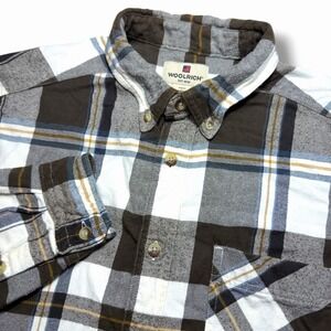 Woolrich Large  Plaid Flannel Button Down Brown White Cotton Western men Shirt